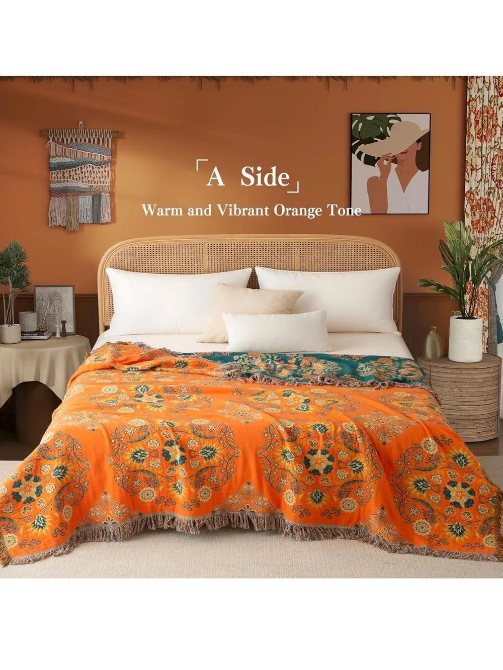 Reversible Floral Fringe Throw Blanket - Orange & Teal 60x80